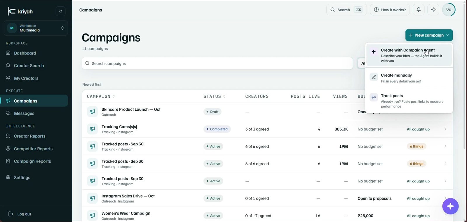 New campaign menu with three options: create with Campaign Agent, create manually, or track posts