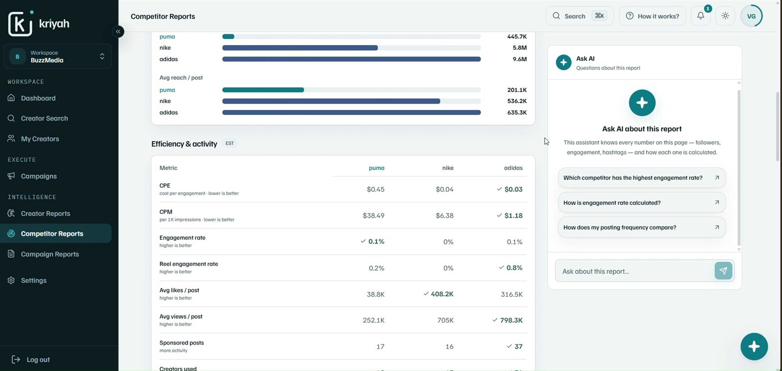 Efficiency and activity table comparing CPE, CPM, engagement rate, real engagement rate, average likes and views, and sponsored posts across three brands