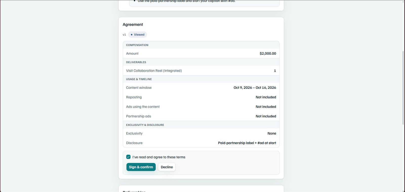 Agree: Sign the agreement and approve content