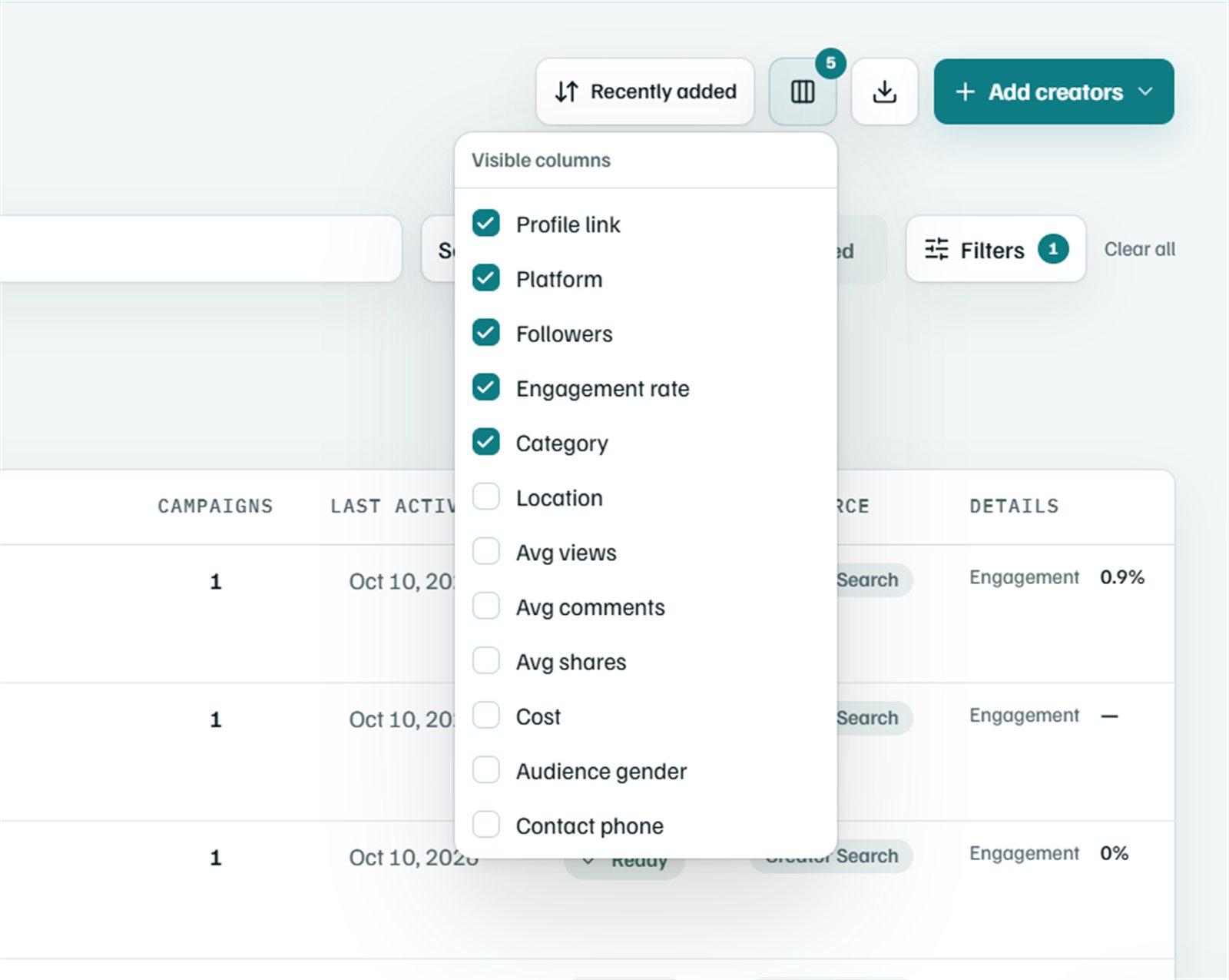 Visible columns menu with options for profile link, platform, followers, engagement rate, category, location, average views, cost and contact phone