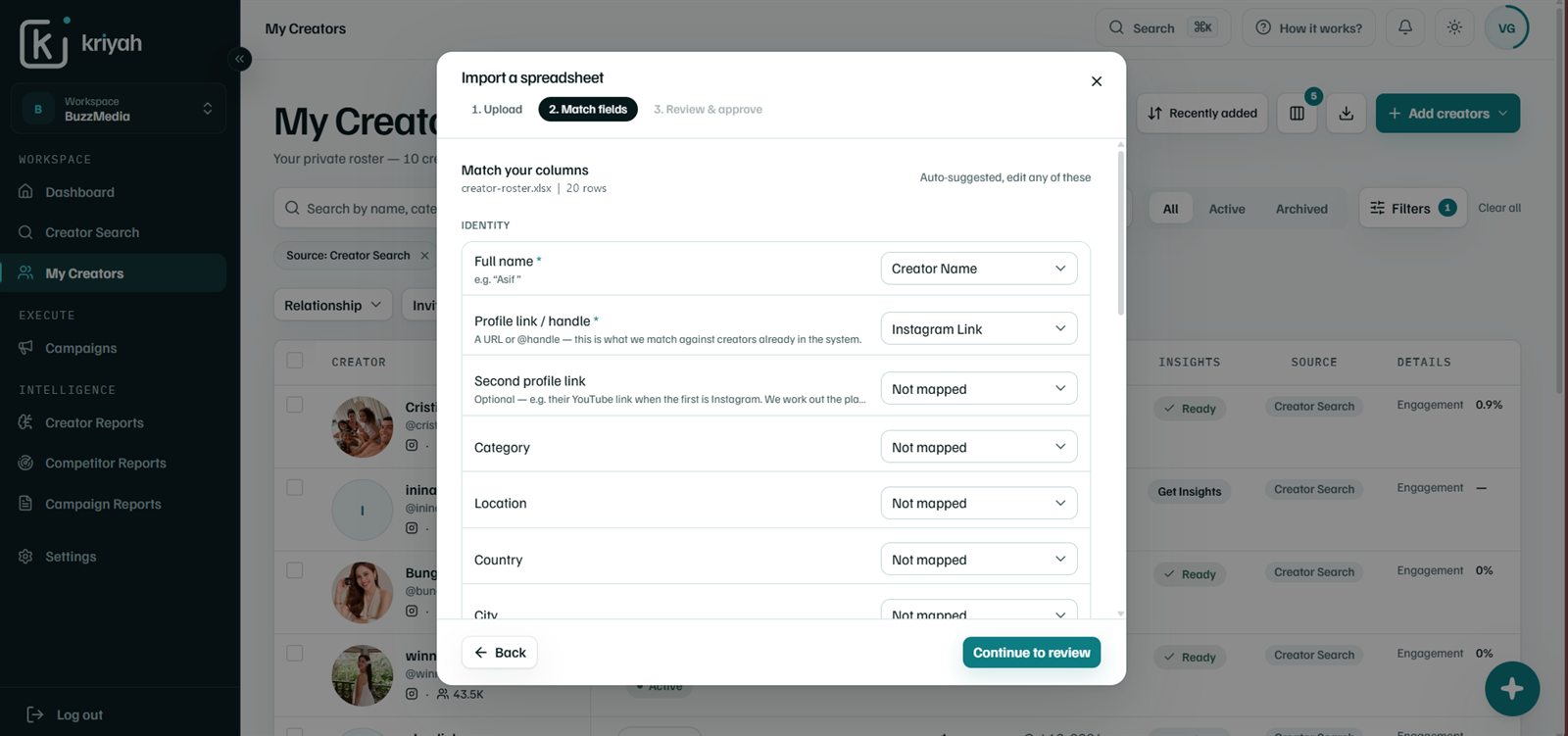 Match fields step: Kriyah auto-suggests which spreadsheet column maps to each creator field